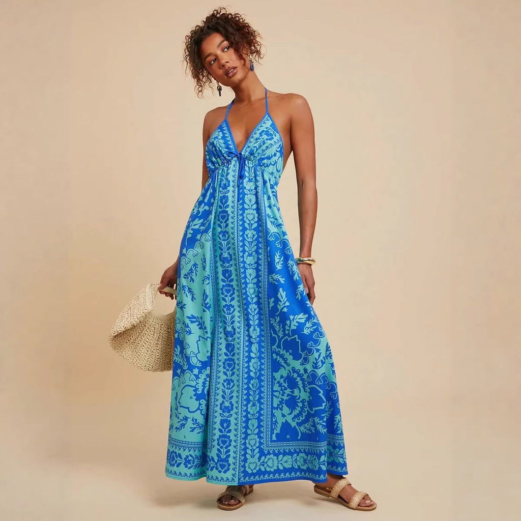 Summer V neck Backless Sexy Positioning Printed Burnt Floral Dress