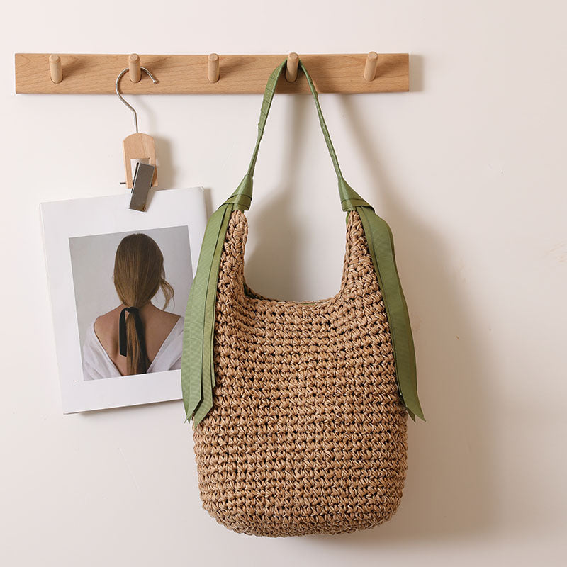 Woven Straw Shoulder Bag with Ribbon Detail Natural Green - Image 2