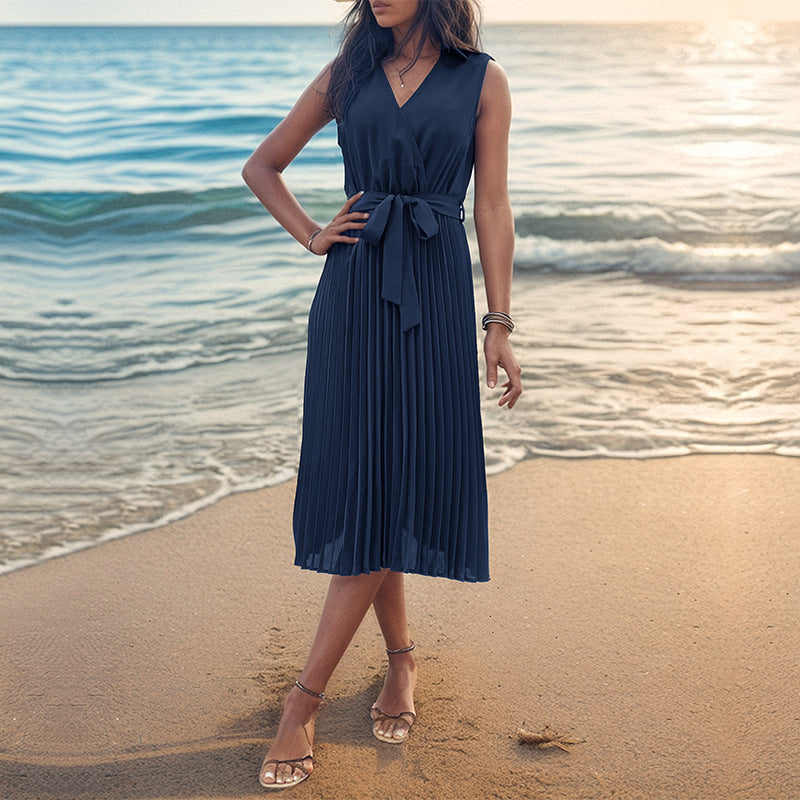 Summer Dress Sleeveless Solid Color Beach Dress