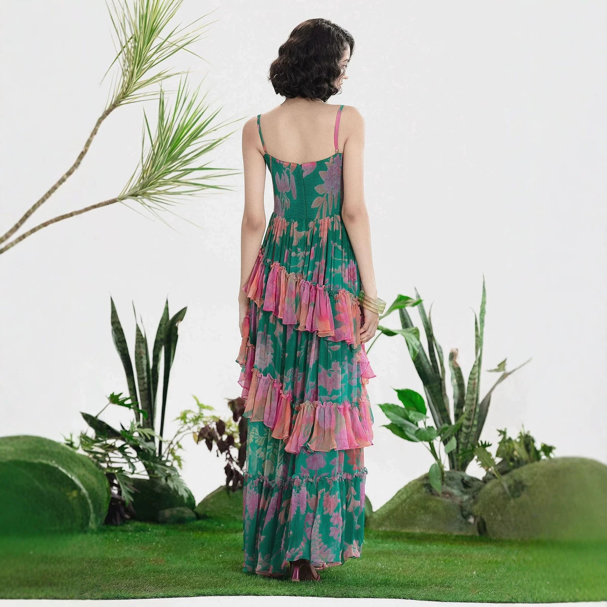 Autumn Floral Print Pleated Suspender Chiffon Midi Dress