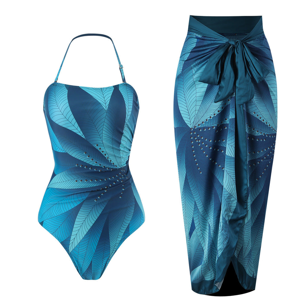 Lonkey French One Piece Two Piece Set Swimsuit Leaf Printed Sheath Dress Conservative Halter Swimsuit Women