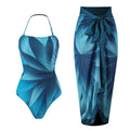 Lonkey French One Piece Two Piece Set Swimsuit Leaf Printed Sheath Dress Conservative Halter Swimsuit Women
