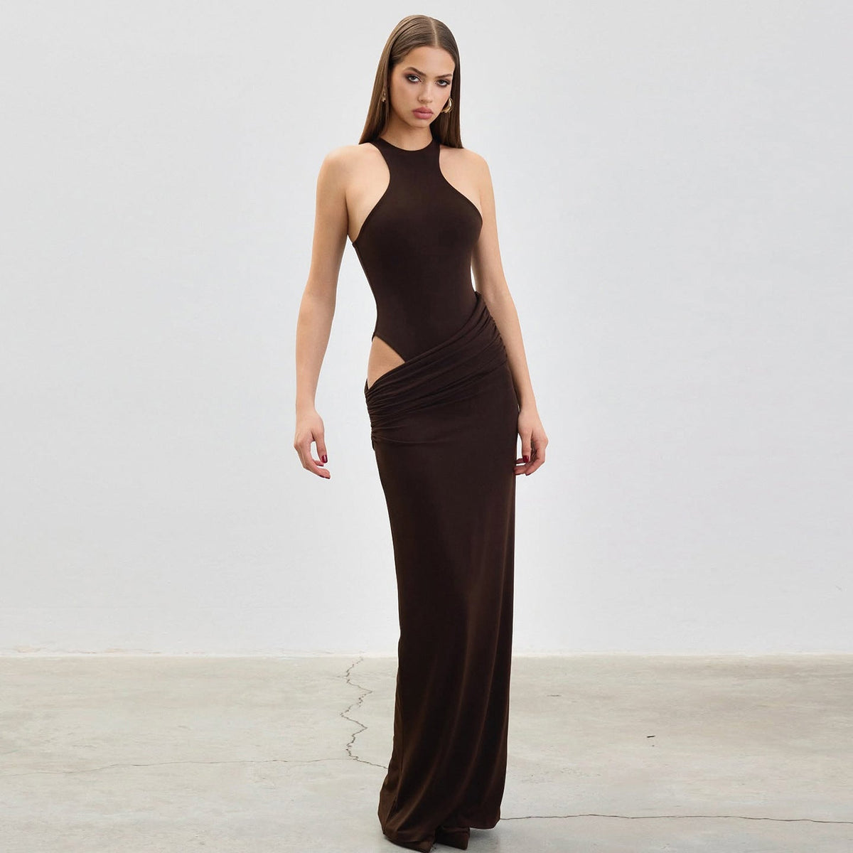 French Elegant Women Halter Dress Women Retro Cropped Outfit Hollow Out Cutout out Patchwork Maxi Dress