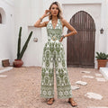 Ethnic Lace up Halterneck Jumpsuit Summer Backless Print Tight Waist V neck Jumpsuit Women