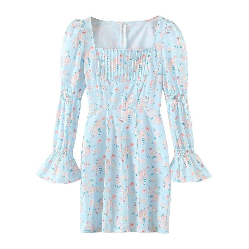 Summer Women Clothing Blue Background Floral Print Chest Pleated Flared Sleeve Square Collar Sheath Dress