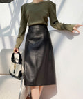 High Waist A-Line Leather Midi Skirt - Slimming Versatile Design