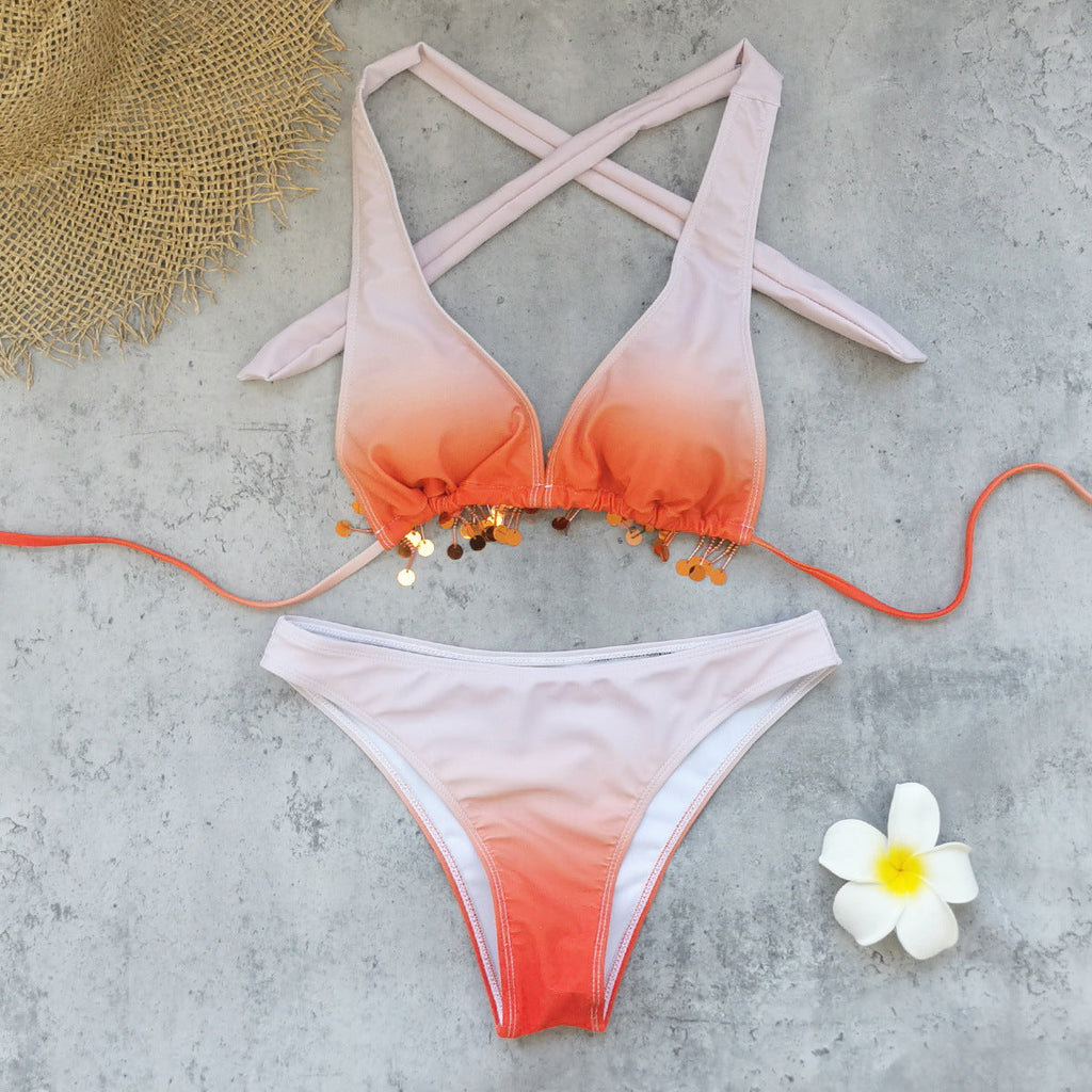 Gradient Halter Bikini and Sheath Skirt 3-Piece Swim Set