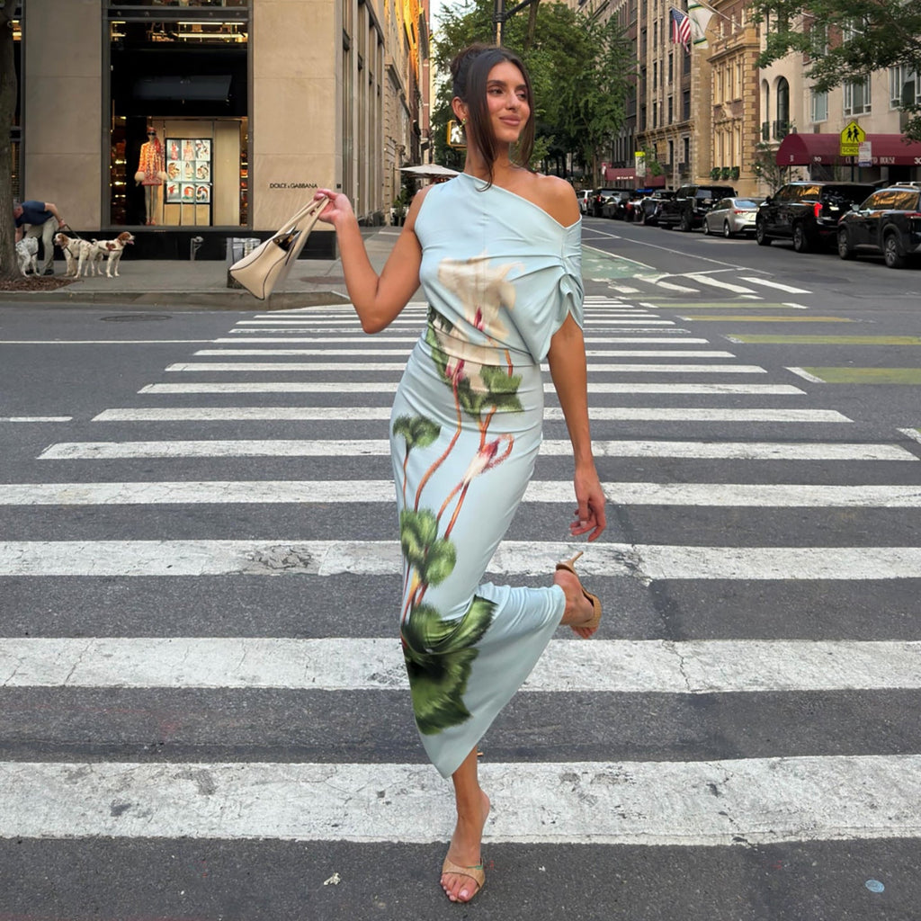 Summer Women Clothing Sexy Oblique Shoulder Collar Tight Waist Thin Looking Cool Printed Sheath Dress