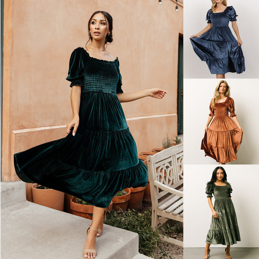 Spring Summer Gold Velvet Square Collar Ruffles High Waist Tight Office Dress