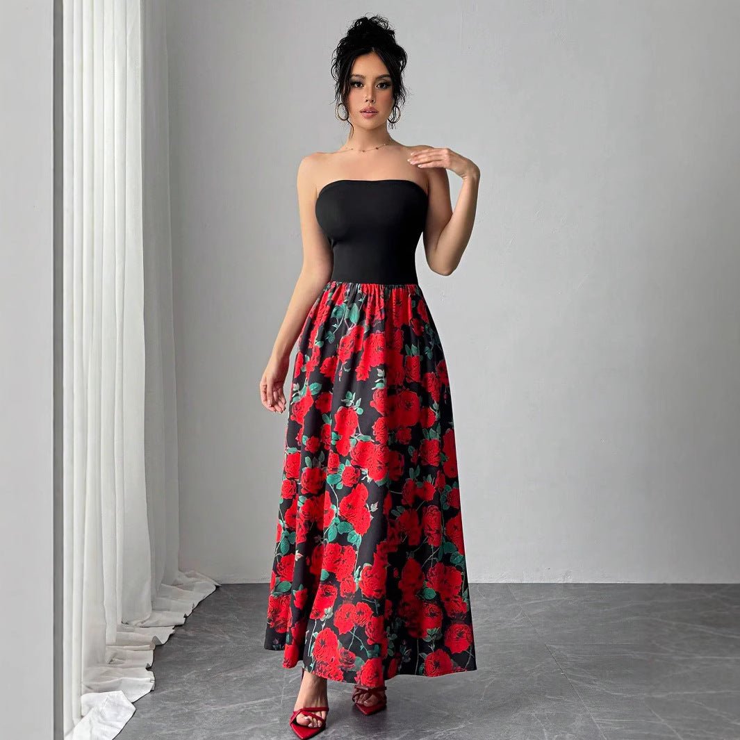 Spring Summer Elegant Lady Rose Print Short Stitching Bandeau Sexy Maxi Dress