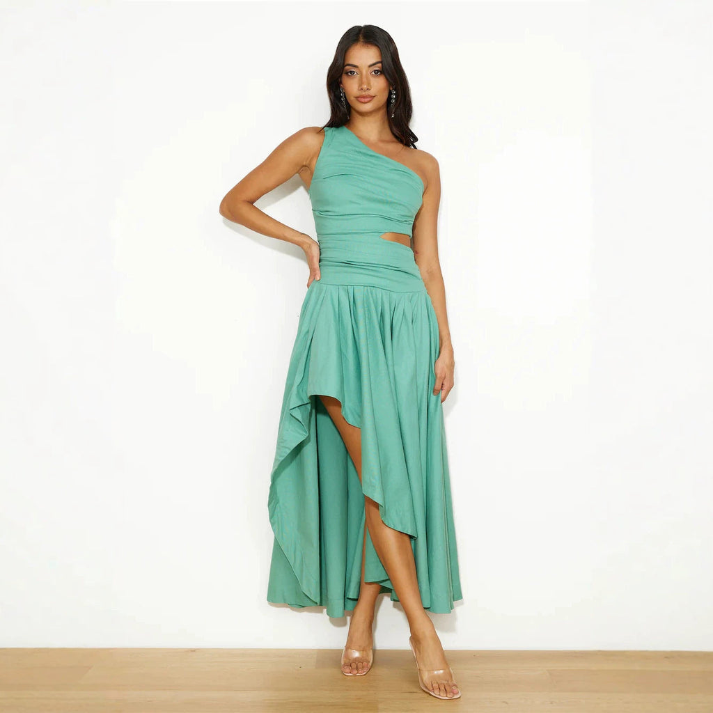 Spring Summer Pleated One Shoulder Diagonal Collar Irregular Asymmetric Solid Color Ripped Dress