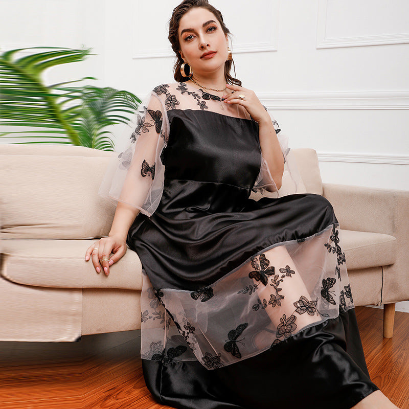 Plus Size French Royal Mesh Stitching Lace Girls Wearable Mid-Length Dress Ogen Mesh Banquet Dress