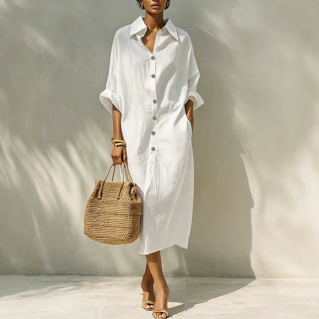Women Clothing Arrival Loose Solid Color Single Breasted Collared Design Long Sleeve Dress