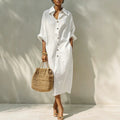 Women Clothing Arrival Loose Solid Color Single Breasted Collared Design Long Sleeve Dress