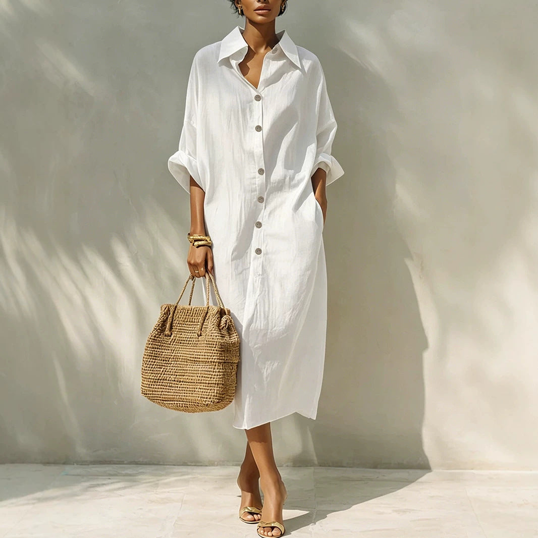 Women Clothing Arrival Loose Solid Color Single Breasted Collared Design Long Sleeve Dress