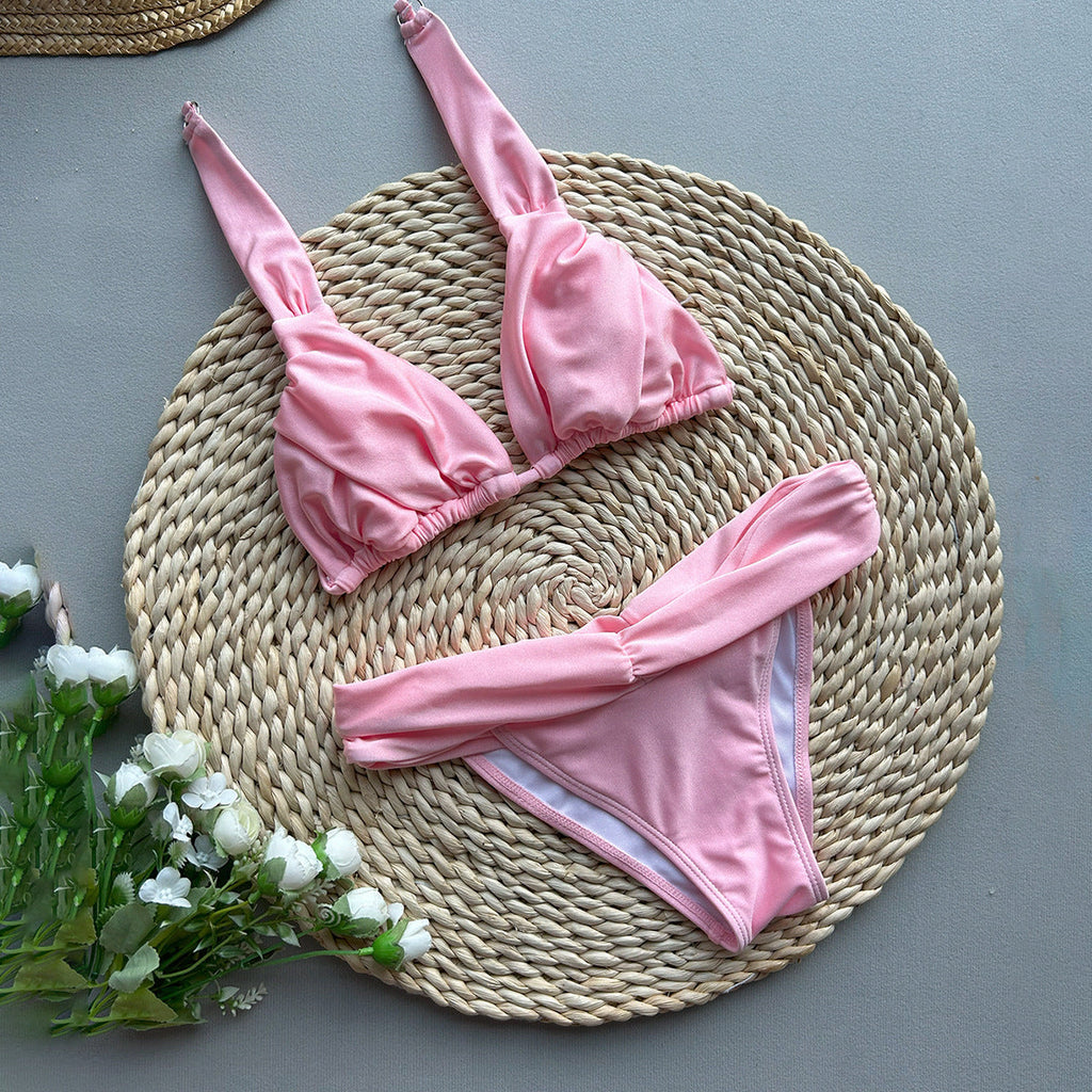 Women's Solid Color Ruched Tie Bikini Split Vacation Swimsuit