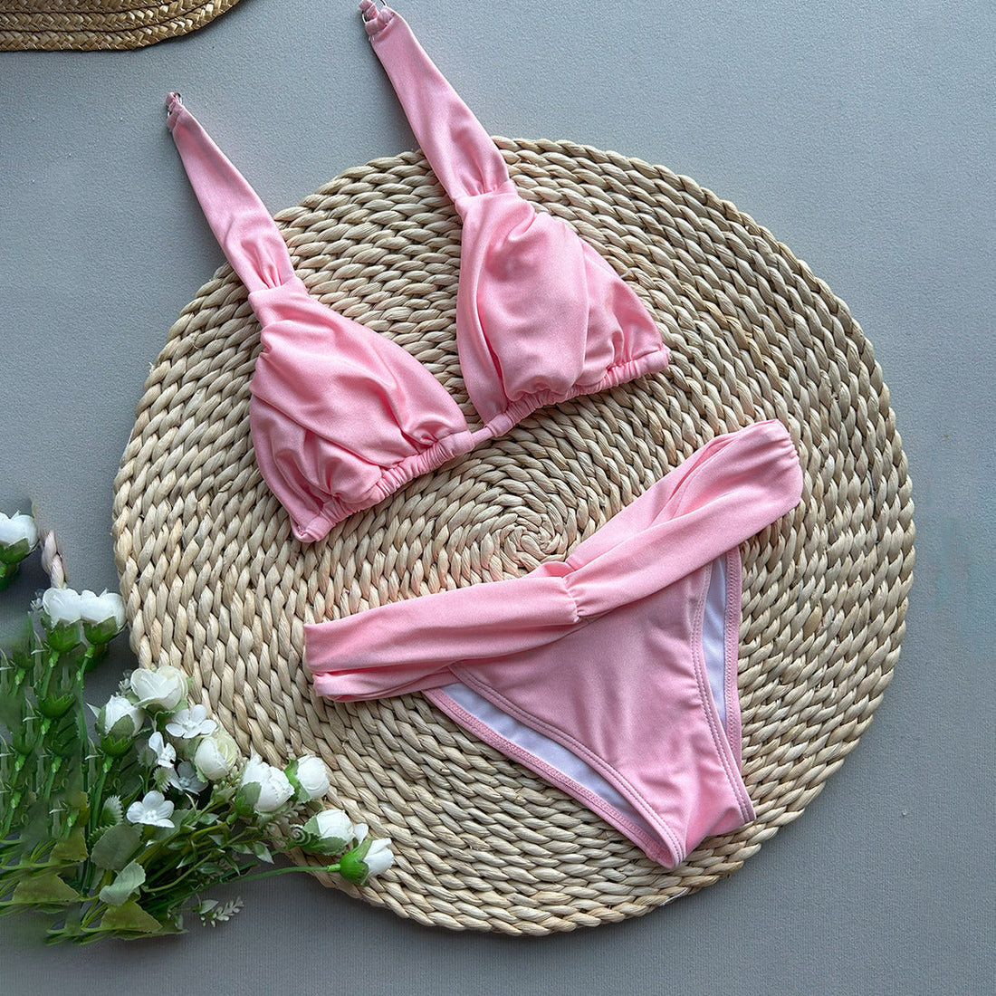 Women's Solid Color Ruched Tie Bikini Split Vacation Swimsuit