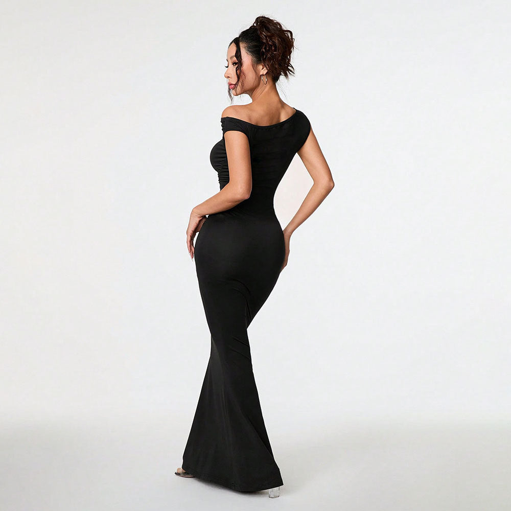 Women Clothing Sexy Socialite Dress Summer Off Shoulder Oblique Collar Black Formal Dress