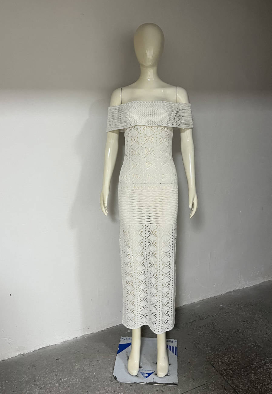 Off Shoulder Hollow Out Cutout Dress Women Summer Waist Hip Knitwear Maxi Dress Women