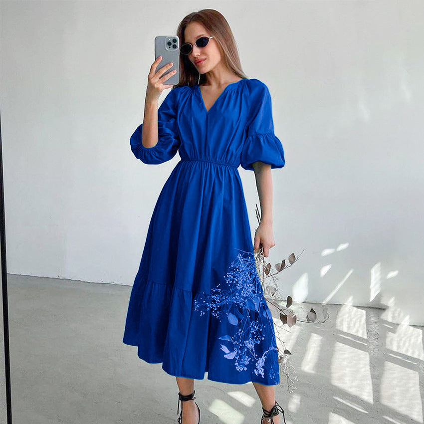 Summer Office Klein Blue Puff Sleeve High Waist A- line Dress Fashionable Simple Women Dress