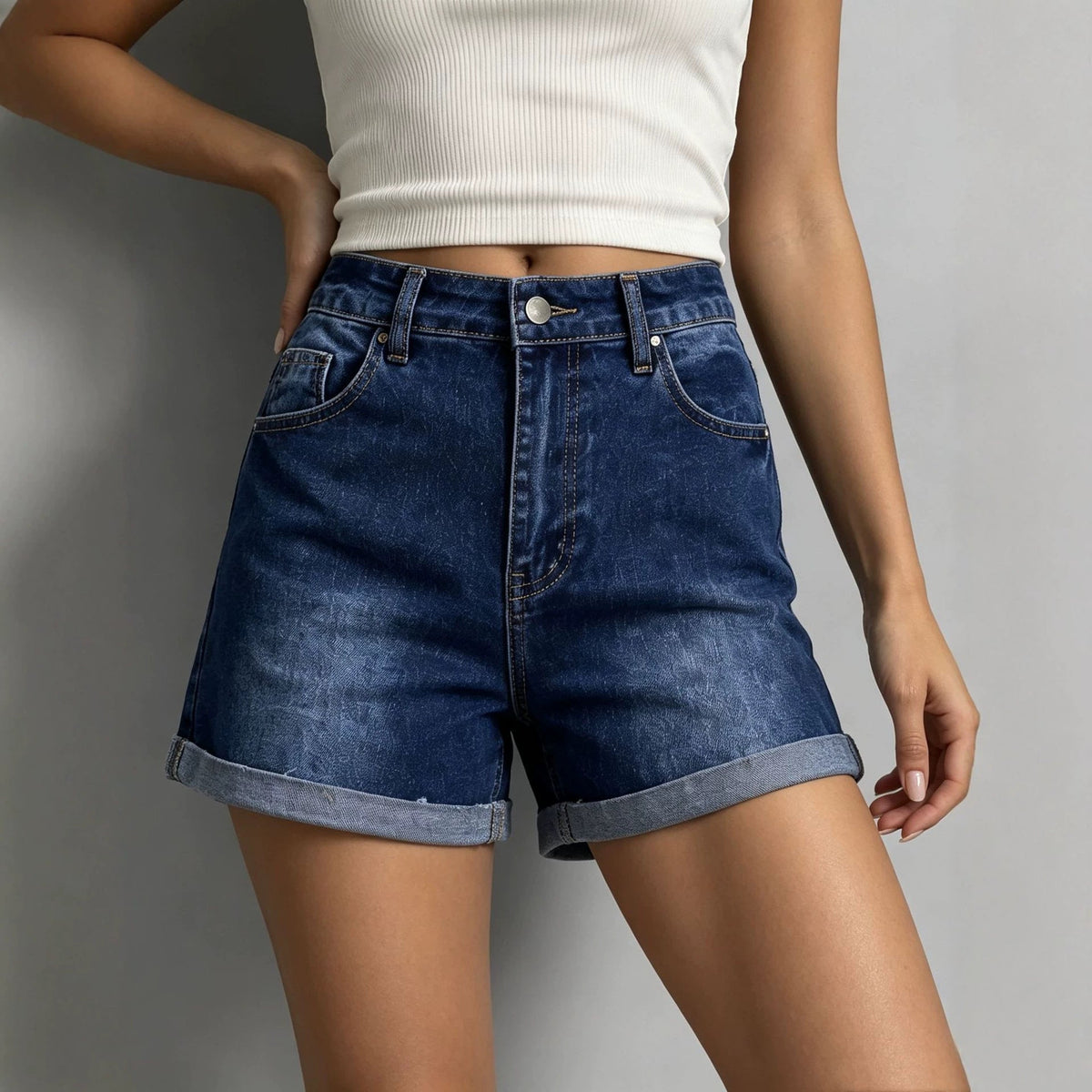Summer Dark Blue Retro Elastic High Waist Casual Women Denim Shorts
