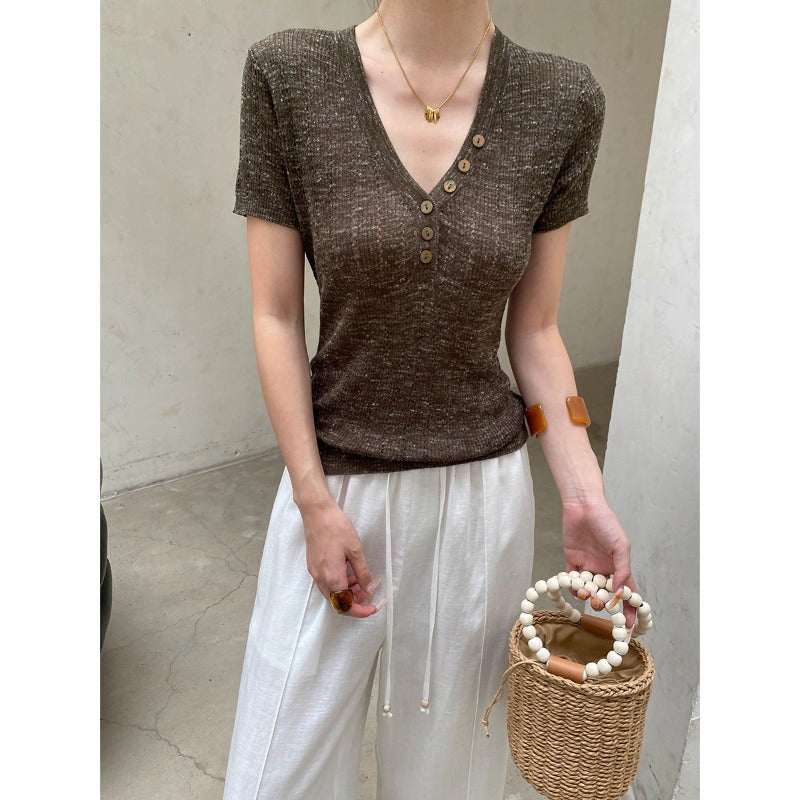 Smart Blogger Linen Half Button V neck Slim Slimming Hollow Out Cutout Short Sleeve Sweater