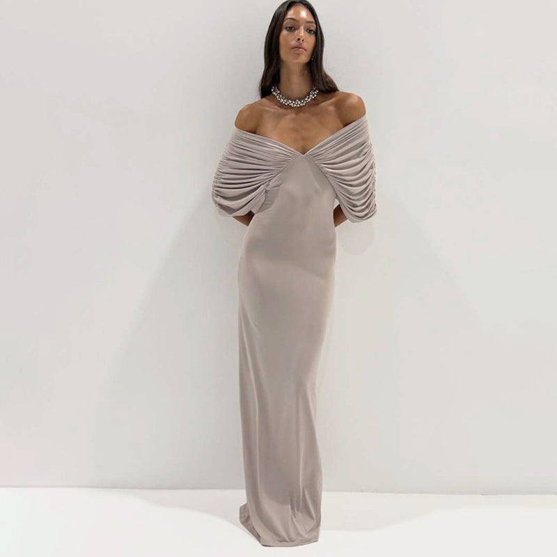Minimalist Slim Fit Ruched Maxi Dress with Off-Neck Detail