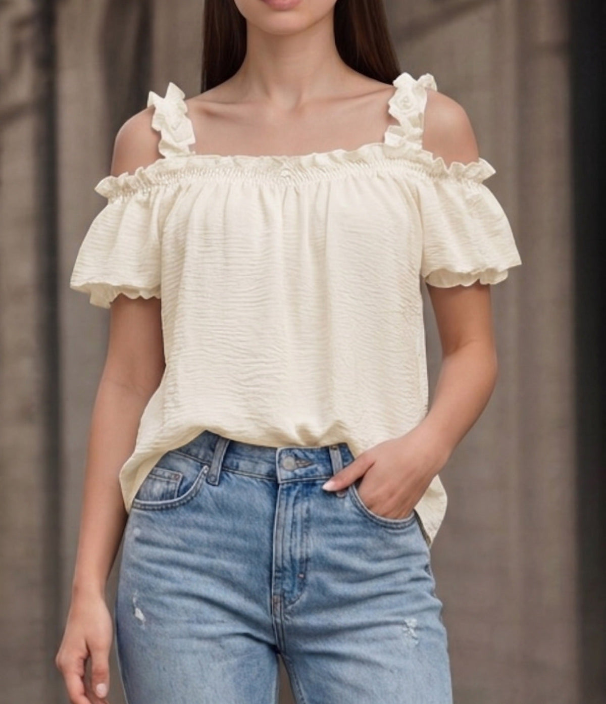 All Match Solid Color V neck Ruffled off the Shoulder Casual Sling Top