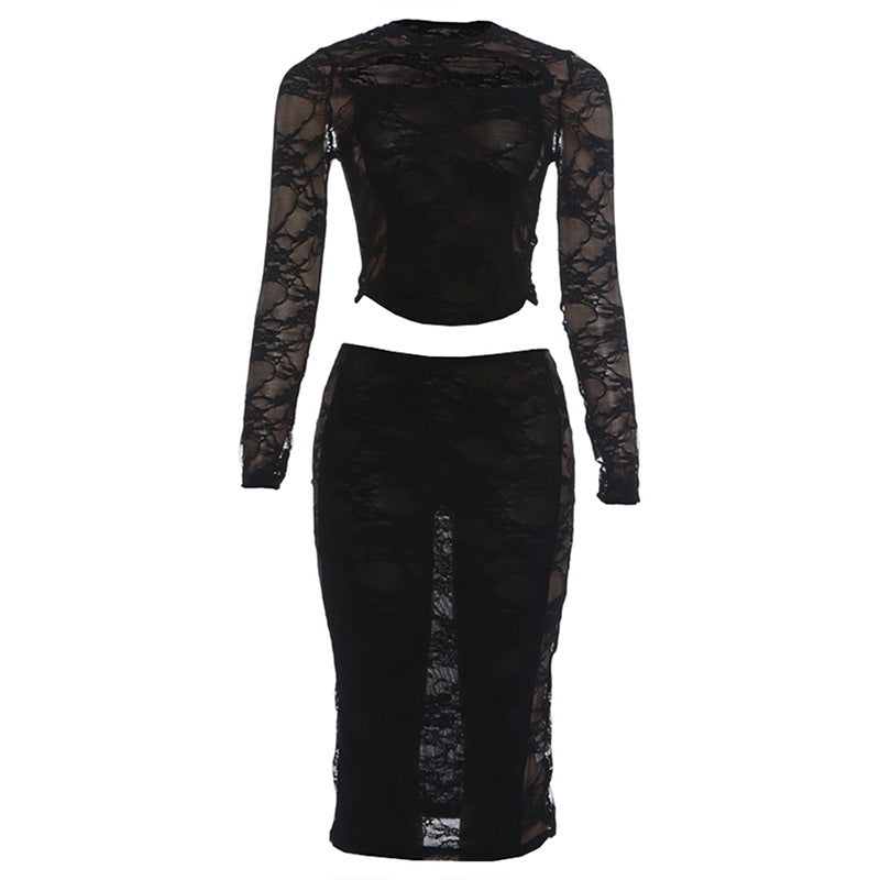 Summer Women Clothing Sexy Lace Cutout Long Sleeved Vest Low Waist Slim Skirt Set for Women
