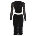 Summer Women Clothing Sexy Lace Cutout Long Sleeved Vest Low Waist Slim Skirt Set for Women