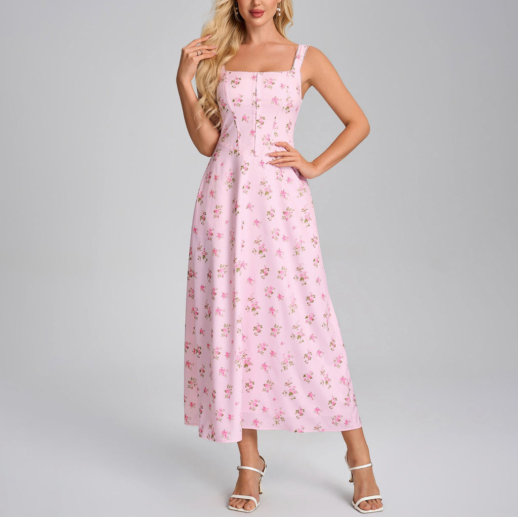 Summer Printing Slip Dress Sexy Square Collar Backless Lace up Slim Vacation Dress