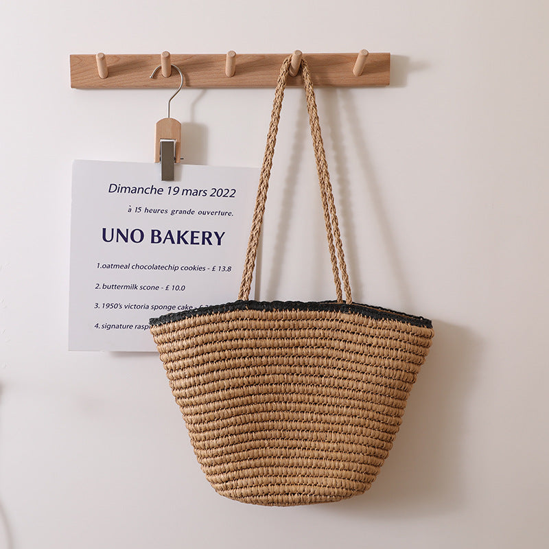 Woven Straw Beach Tote with Black Edge Trim