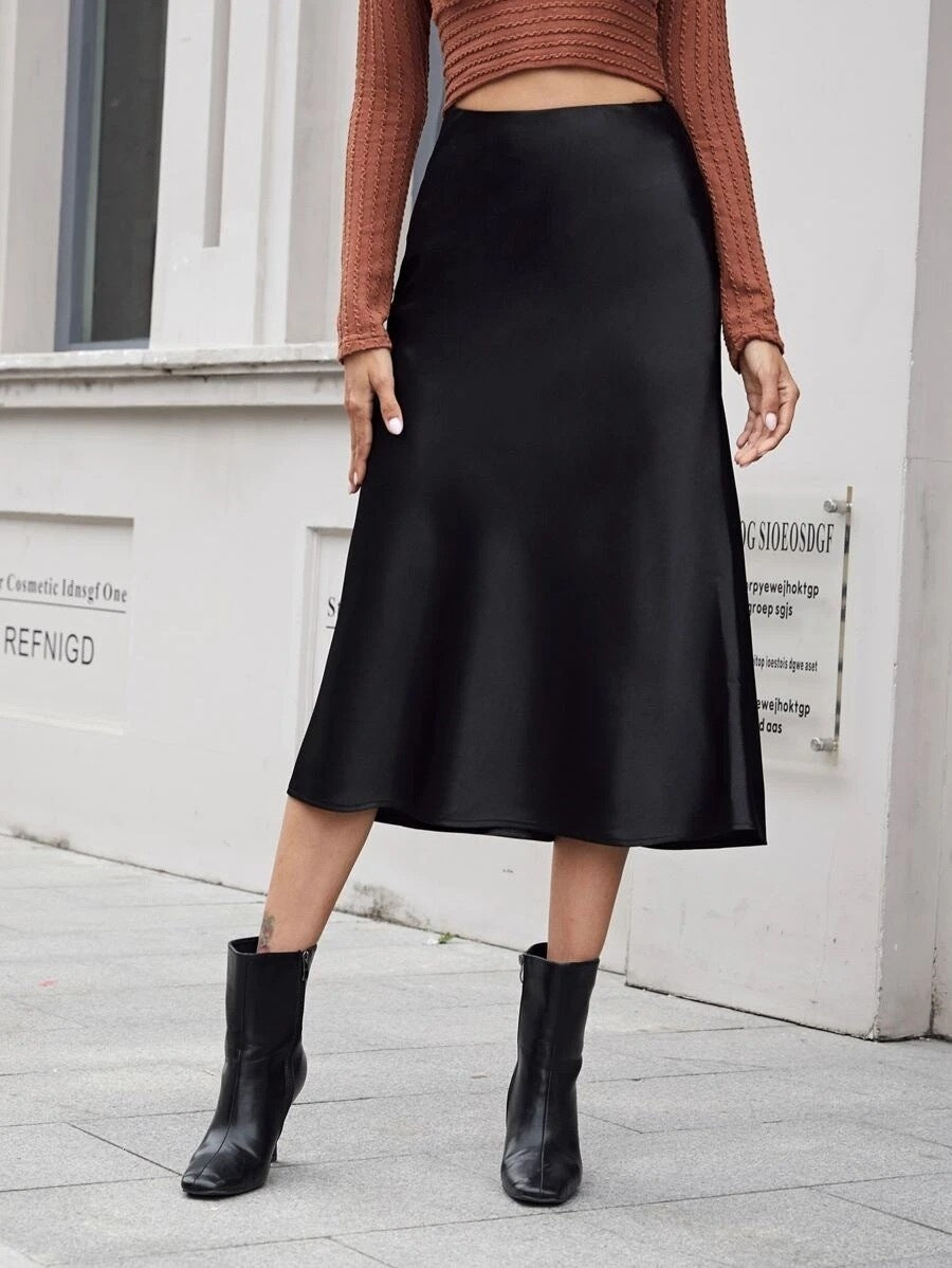 High Waist Satin Skirt Autumn Winter Women Midi Skirt Zipper Satin Skirt