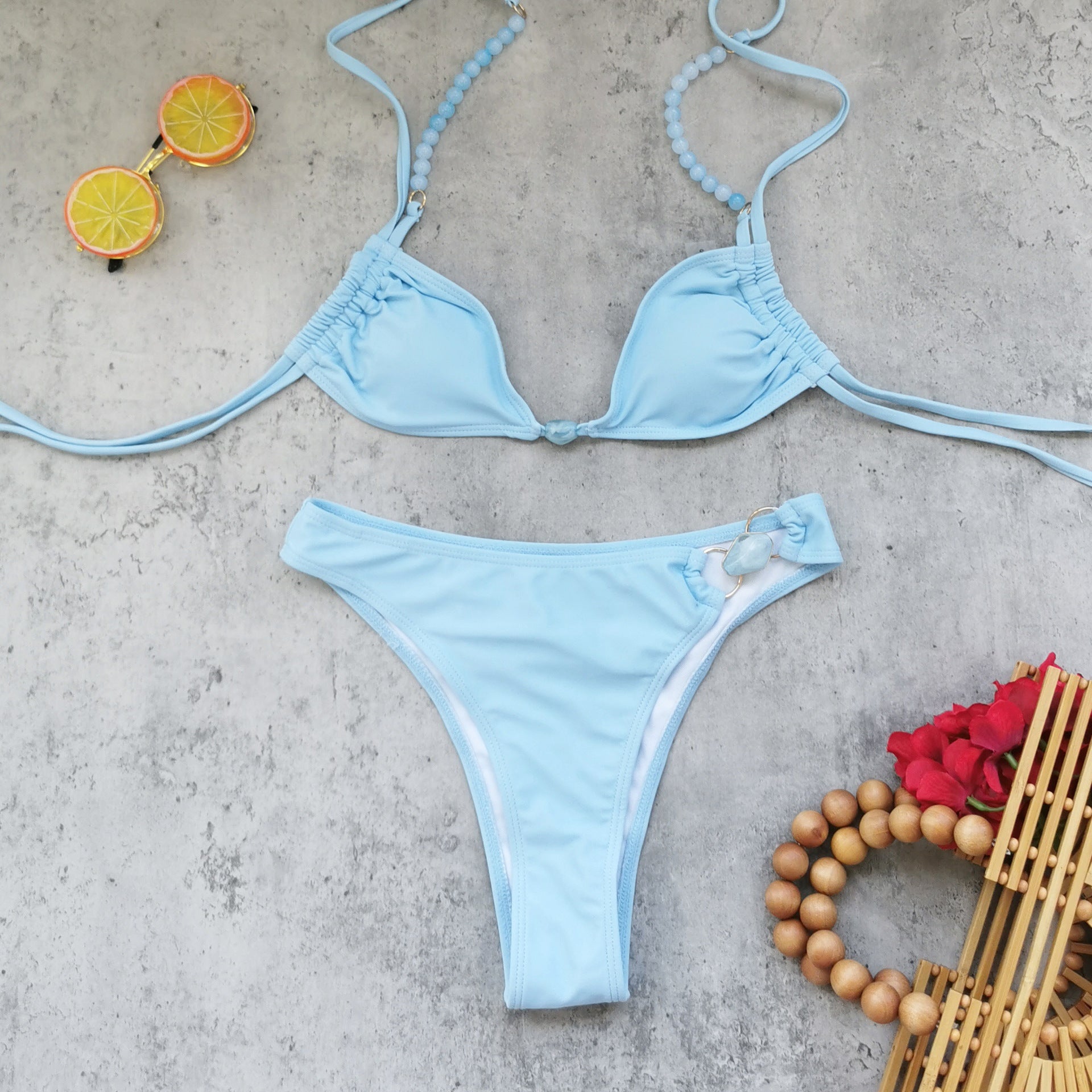 Low Waist Three Point Backless Bikini Set in Light Blue