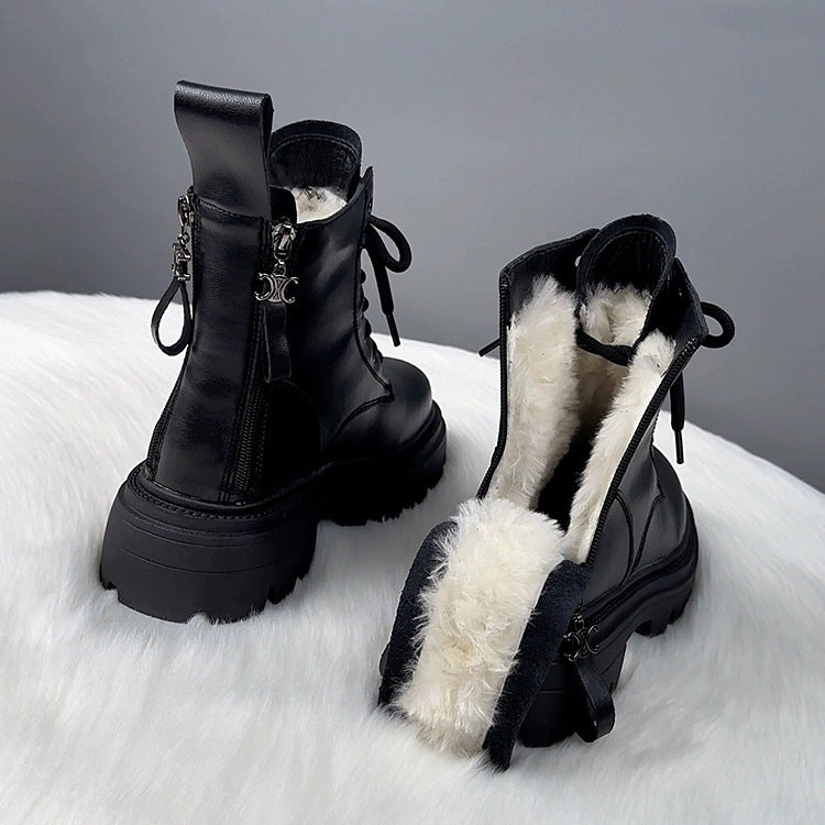 Women Fur Lined Platform Combat Boots Winter Black Ankle Boots - Image 2