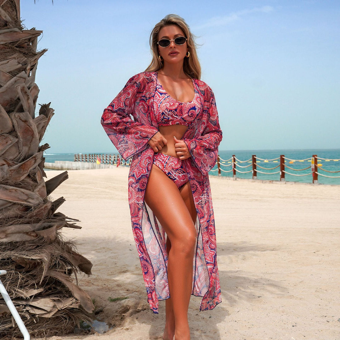 Women's 3-Piece Cashew Print Bikini Set with Long Sleeve Blouse