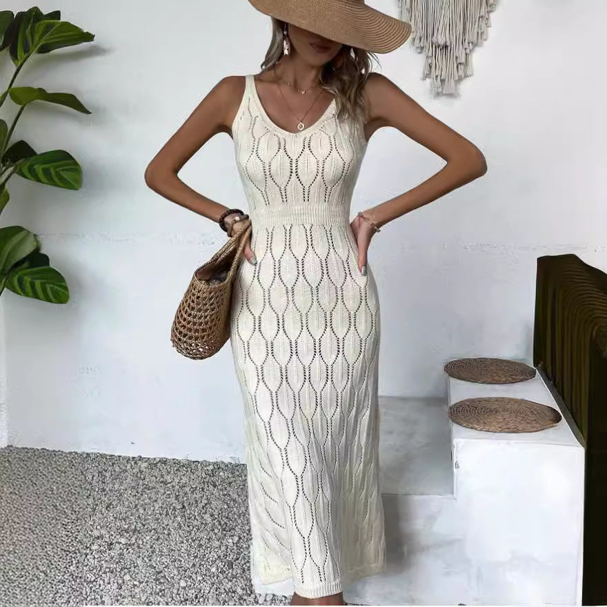 Spring Summer Sexy Hollow Out Cutout out See through Vacation Solid Color Backless Knitted Dress for Women