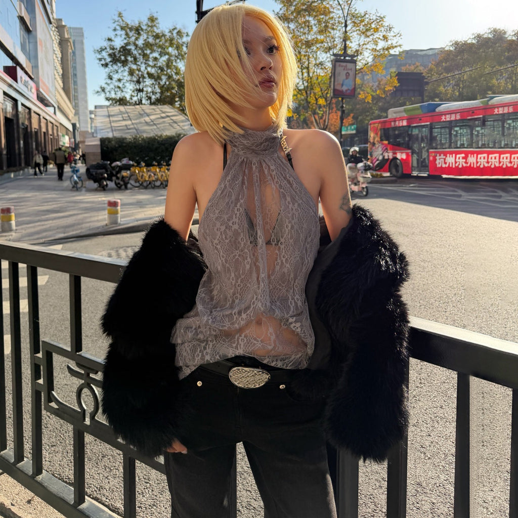 Women Clothing Summer Fashionable Chic High Neck Lace See Through Sleeveless Backless Irregular Asymmetric Top
