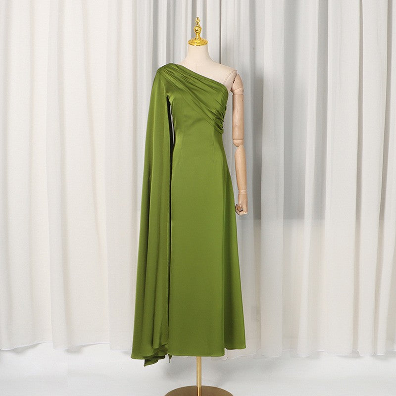 Gorgeous High End Dress Summer Asymmetric One Shoulder Pleated Waist Tight Solid Color Maxi Dress