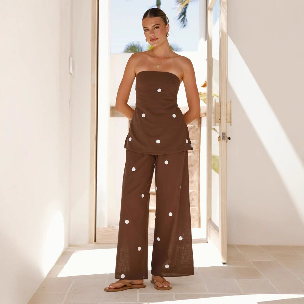 Polka Dot Print Sexy Tube Top Wide Leg Long Pants Casual Set for Women