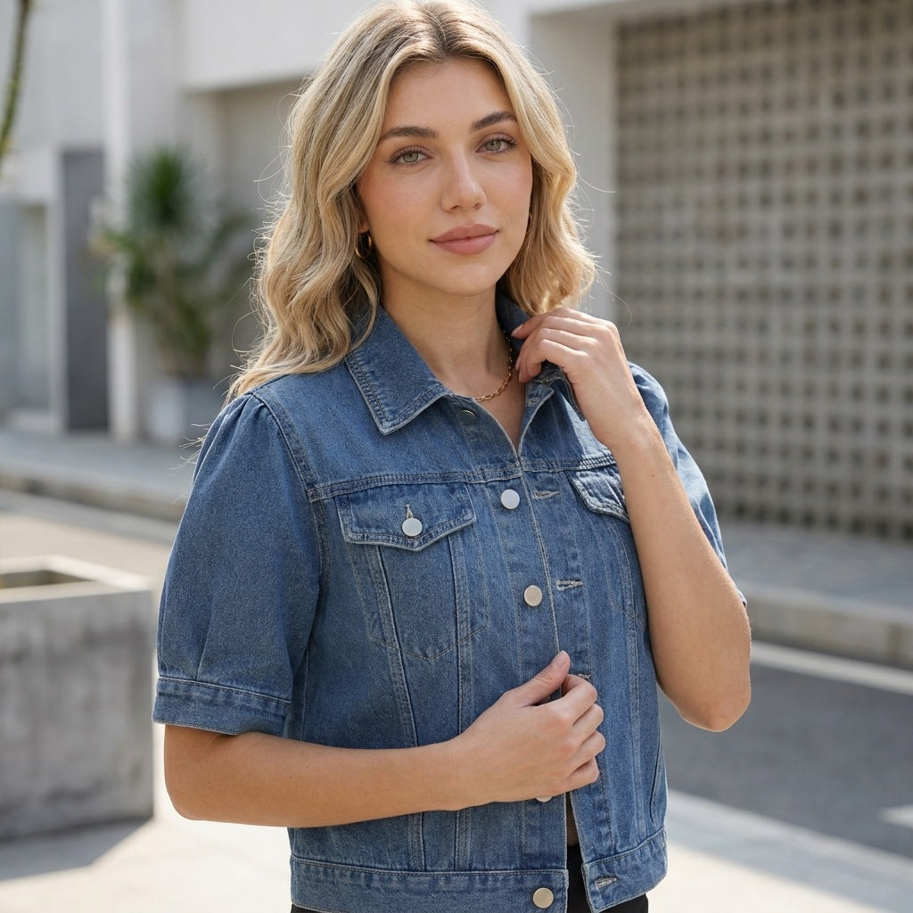 Collared Bubble Sleeve Single Breasted Pocket Design Washed Denim Short Sleeve Jacket Women