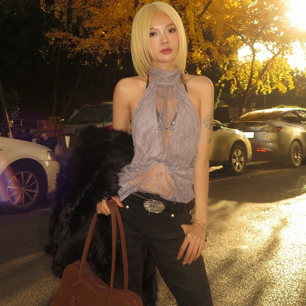 Women Clothing Summer Fashionable Chic High Neck Lace See Through Sleeveless Backless Irregular Asymmetric Top