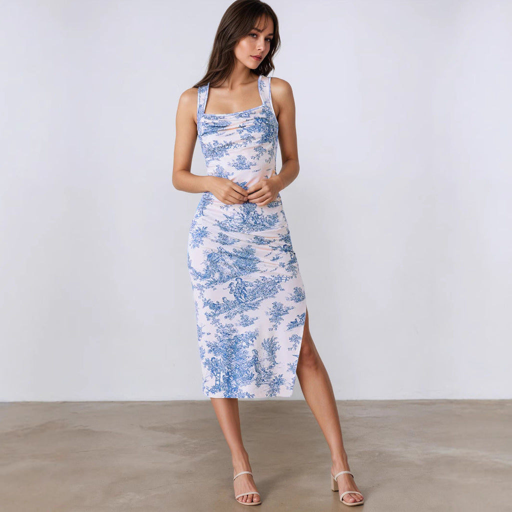 Summer Fresh Maxi Dress Square Collar Slimming Side Slit Sling Dress