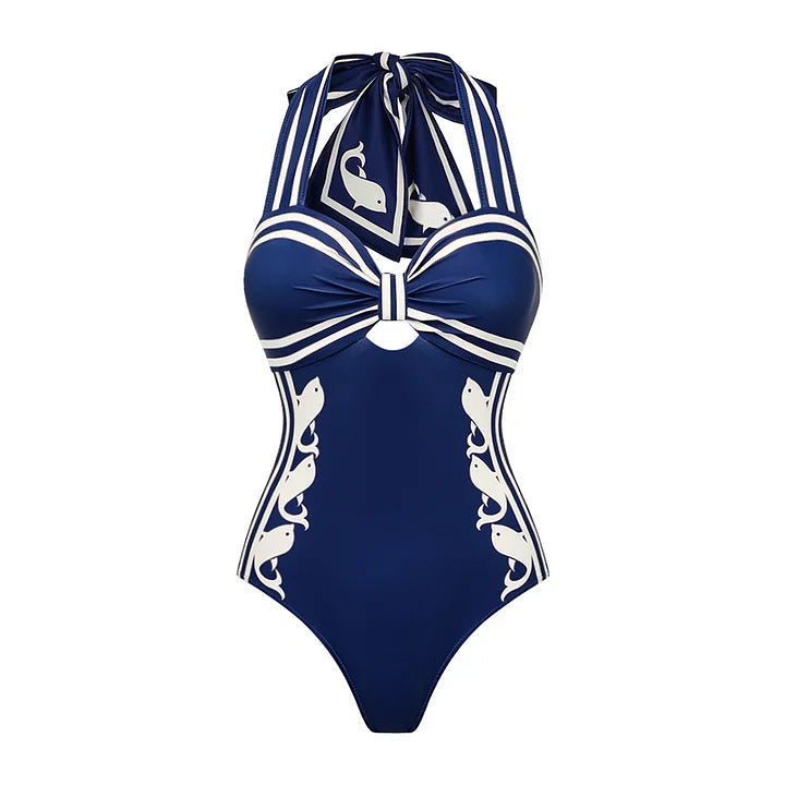 Navy Halter One Piece Swimsuit with Abstract Print Boho Design
