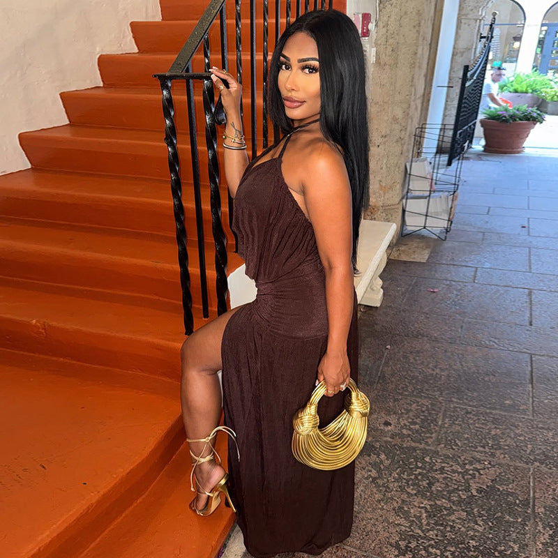Deep V-Neck Asymmetric Wrapped Halter Dress with Split Hem