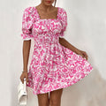 Summer A Line Puff Sleeve Women Short Sleeve Lace up Smocking Dress