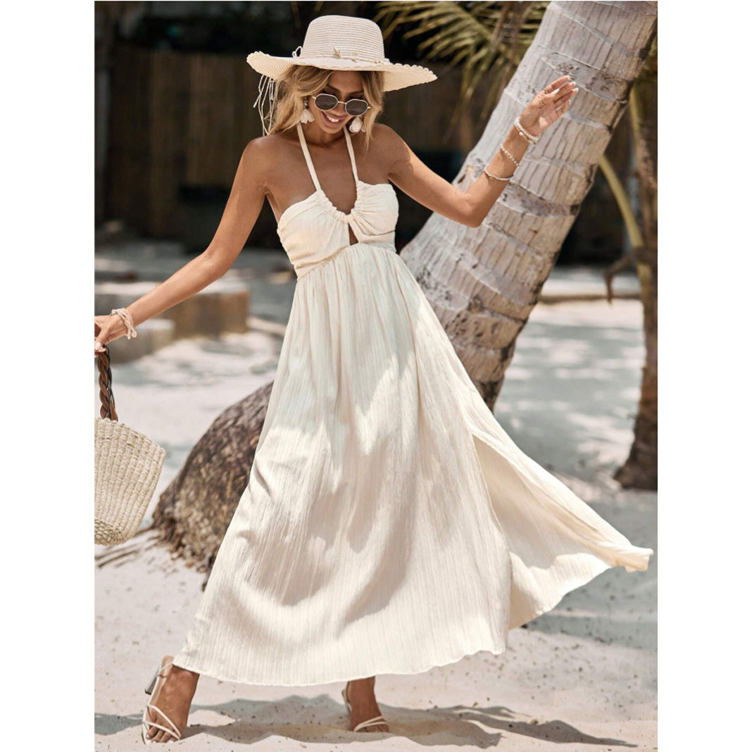 Women Solid Color Tied Backless Halter Dress