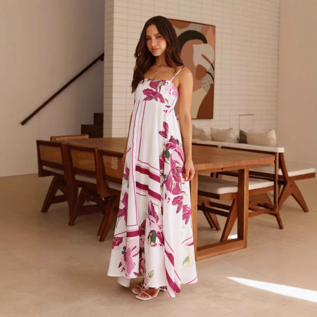 Printed Sling High Waist A line Dress Casual Vacation Spaghetti Straps Maxi Dress