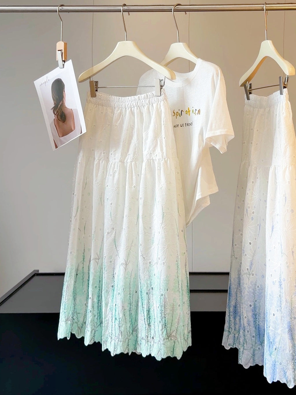 Gentle Gradient Color Embroidered Skirt Women Summer Elastic High Waist Hollow Out Cutout out Floral Stitching Cake Swing Skirt