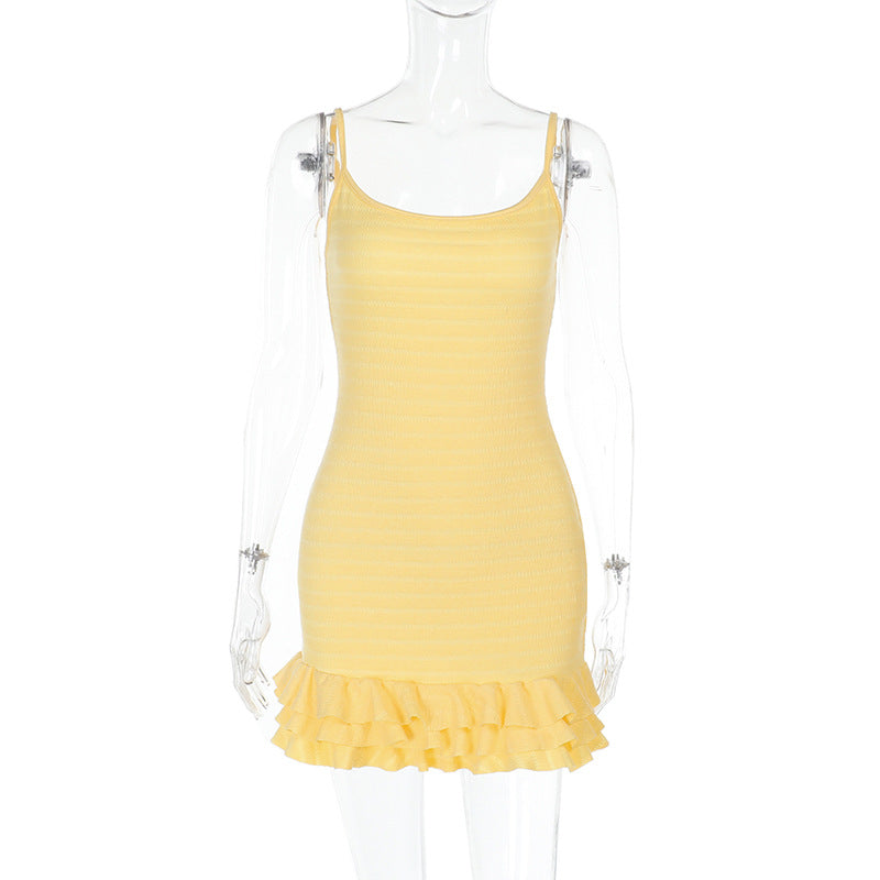 Slip Dress Solid Color Double Layer Ruffled Slim Fit Beach Sexy Dress